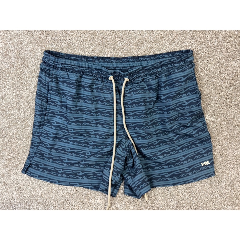 Humankind Mens Swim Trunks Navy Blue Teal Wave Print Board Shorts Size Large